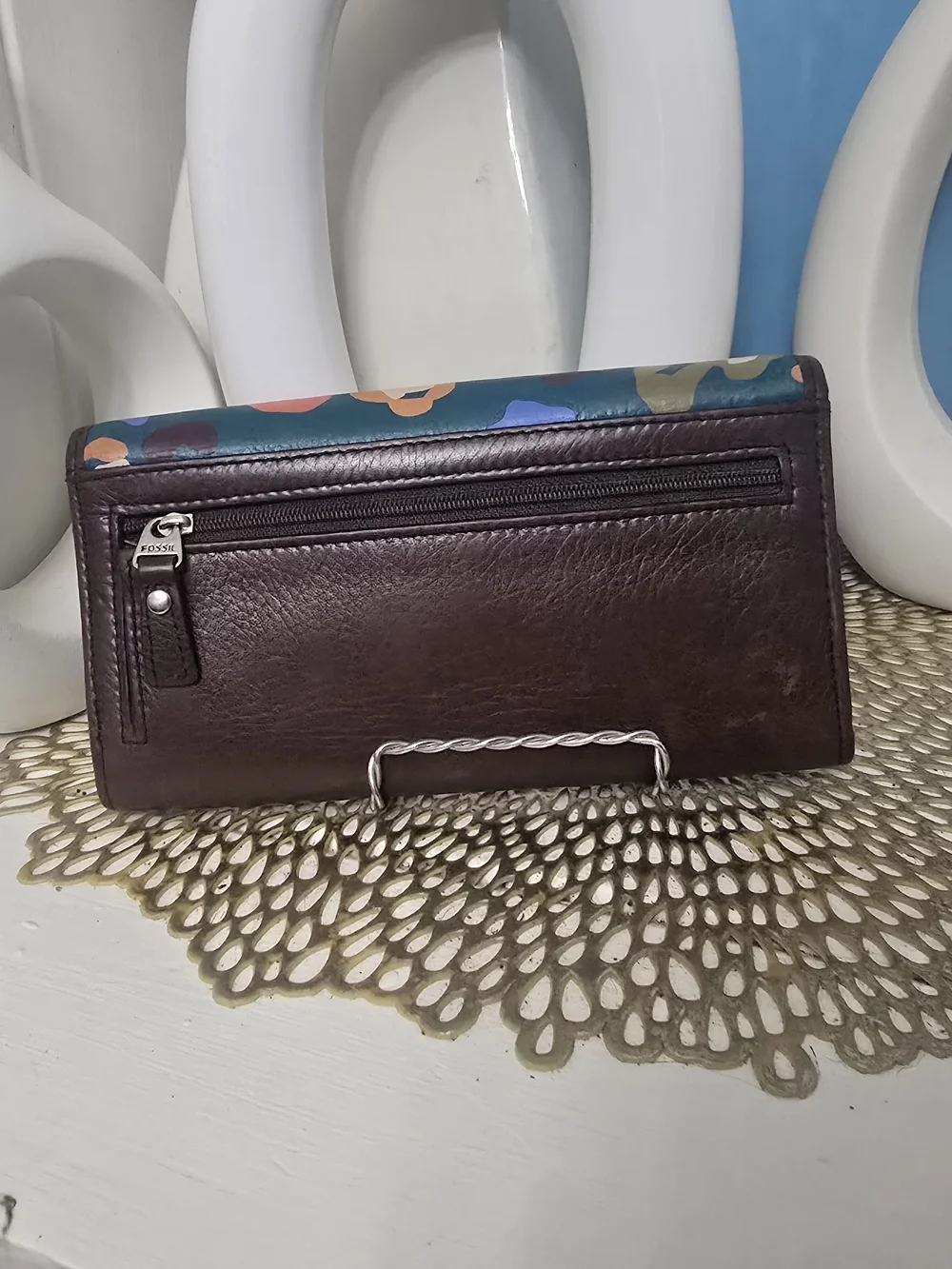 Fossil Teal Floral Leather Wallet
